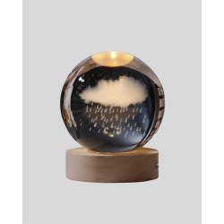 Mey İthalat® 3D Yağmur Bulutu Desenli Kristal Top USB Gece Lambası Ahşap Tabanlı Dekoratif Lamba