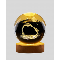 Mey İthalat® 3D Yunus Desenli Kristal Küre Ahşap Tabanlı Işıklı Dekor Objesi