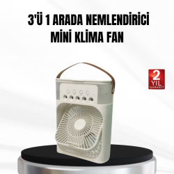 Mey İthalat® 3’ü 1 Arada Mini Klima Fan USB Şarjlı, 7 Renk Gece Lambalı ve Nemlendirici