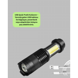 Mey İthalat® 4 Modlu USB Şarjlı LED El Feneri Kamp ve Outdoor