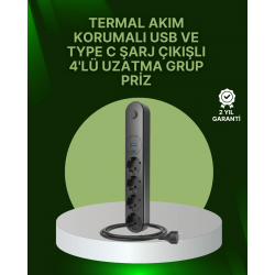 Mey İthalat® 4 Priz 2 USB 1 Type-C Akım Korumalı Çoklu Priz Led Anahtarlı
