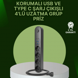 Mey İthalat® 4 Priz 2 USB 1 Type-C Akım Korumalı Çoklu Priz Led Anahtarlı