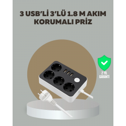 Mey İthalat® 4 Prizli 3 USB Portlu Anahtarlı Akım Korumalı Priz