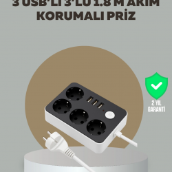 Mey İthalat® 4 Prizli 3 USB Portlu Anahtarlı Akım Korumalı Priz