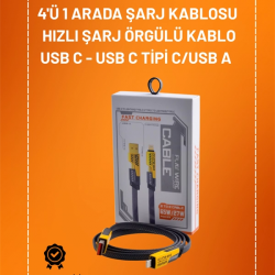 Mey İthalat® 4'ü 1 Arada USB Hızlı Şarj ve Veri Kablosu – 65W Güç, Çoklu Bağlantı, 1.2m