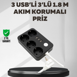 Mey İthalat® 4.1A Hızlı Şarjlı Akım Korumalı 4 Priz ve 3 USB Çıkışlı Priz