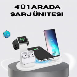 Mey İthalat® 4’lü Apple Kablosuz Şarj Standı iPhone Watch ve AirPods Çoklu Şarjlı