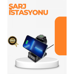 Mey İthalat® 4’ü 1 Arada Kablosuz Şarj İstasyonu – LED Saat Ekranlı, Apple Uyumlu, Akıllı Güvenlik Koruması