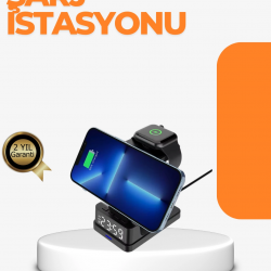 Mey İthalat® 4’ü 1 Arada Kablosuz Şarj İstasyonu – LED Saat Ekranlı, Apple Uyumlu, Akıllı Güvenlik Koruması