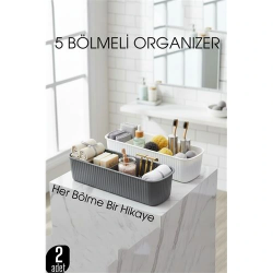 Mey İthalat® 5 Bölmeli Banyo ve Makyaj Organizer Kutusu Gri & Beyaz 2’li Set  Tezgah Üstü Düzenleyici