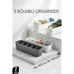 Mey İthalat® 5 Bölmeli Dolap ve Çekmece İçi 2’li Set Organizer Kutusu (Gri & Beyaz)