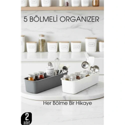 Mey İthalat® 5 Bölmeli Mutfak Organizer Kutusu Gri & Beyaz 2’li Set  Baharat ve Gereç Düzenleyici