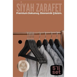 Mey İthalat® 5'li Lüks Siyah Elbise Ceket Askısı - Ergonomik & Kaymaz Plastik Askı Seti -  Ahşap Görünümlü