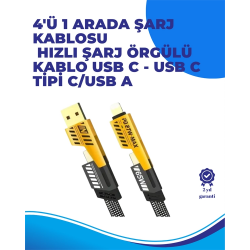 Mey İthalat® 65W 4'ü 1 Arada Çoklu Şarj Kablosu – USB-C, USB-A, Lightning, Veri ve Şarj Desteği