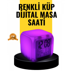 Mey İthalat® 7 Renk LED Işıklı Alarmlı Dijital Küp Masa Saati Termometreli