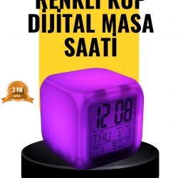 Mey İthalat® 7 Renk LED Işıklı Alarmlı Dijital Küp Masa Saati Termometreli