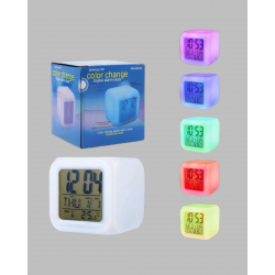 Mey İthalat® 7 Renk LED Işıklı Alarmlı Dijital Küp Masa Saati Termometreli