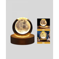 Mey İthalat® 8 cm Ay Desenli Kristal Küre Sıcak LED Işıklı Ahşap Tabanlı Oda Lambası