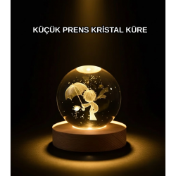 Mey İthalat® 8 cm Küçük Prens 3D Kristal Küre USB Işıklı Ahşap Altlıklı Dekoratif Lamba