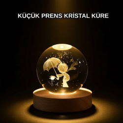 Mey İthalat® 8 cm Küçük Prens 3D Kristal Küre USB Işıklı Ahşap Altlıklı Dekoratif Lamba