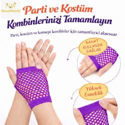 Mey İthalat® 80’ler 90’lar Retro Mor File Parmaksız Kısa Eldiven 11 cm