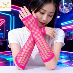 Mey İthalat® 80’ler 90’lar Retro Neon Fuşya Şeker Pembesi File Parmaksız Eldiven 26 cm