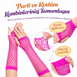 Mey İthalat® 80’ler 90’lar Retro Neon Fuşya Şeker Pembesi File Parmaksız Eldiven 26 cm