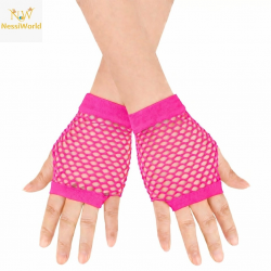 Mey İthalat® 80’ler 90’lar Retro Neon Fuşya Şeker Pembesi File Parmaksız Kısa Eldiven 11 cm