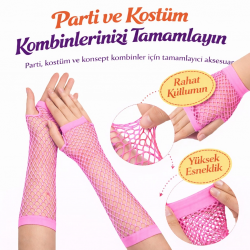 Mey İthalat® 80’ler 90’lar Retro Neon Pembe File Parmaksız Eldiven 26 cm