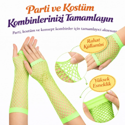 Mey İthalat® 80’ler 90’lar Retro Neon Yeşil File Parmaksız Eldiven 26 cm