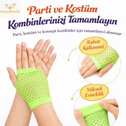 Mey İthalat® 80’ler 90’lar Retro Neon Yeşil File Parmaksız Kısa Eldiven 11 cm