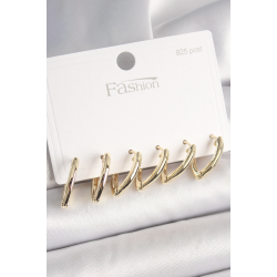 Mey İthalat® 925 Ayar Gümüş Çivi Pirinç Gold Renk Üçgen Model Kadın Küpe Seti