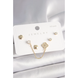 Mey İthalat® 925 Ayar Gümüş Çivi Pirinç Gold Renk Zirkon Taşlı Yonca Model Sallantı Zincir Detay Kadın Küpe Seti