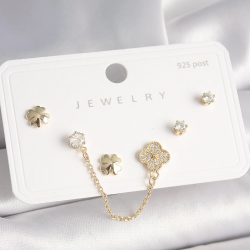 Mey İthalat® 925 Ayar Gümüş Çivi Pirinç Gold Renk Zirkon Taşlı Yonca Model Sallantı Zincir Detay Kadın Küpe Seti
