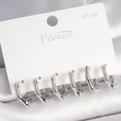 Mey İthalat® 925 Ayar Gümüş Çivi Pirinç Gümüş Renk Bambu Halka Model Kadın Küpe Seti