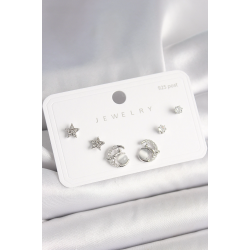 Mey İthalat® 925 Ayar Gümüş Çivi Zirkon Taşlı Hilal Yıldız Model Kadın Küpe Seti