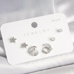 Mey İthalat® 925 Ayar Gümüş Çivi Zirkon Taşlı Hilal Yıldız Model Kadın Küpe Seti