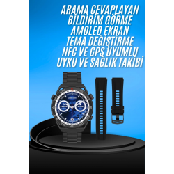 Mey İthalat® Akıllı Saat Çelik Kordonlu Amoled Ekran Android ve İOS Uyumlu Çağrı Cevaplayabilen