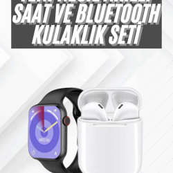Mey İthalat® Akıllı Saat Gümüş Kasa Bluetooth Kulaklık Hediyeli Çok Fonksiyonlu İkili Set