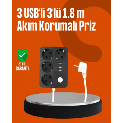 Mey İthalat® Akım Korumalı 3 USB Portlu 4’lü Priz 4.1A Hızlı Şarj