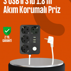 Mey İthalat® Akım Korumalı 3 USB Portlu 4’lü Priz 4.1A Hızlı Şarj