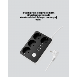 Mey İthalat® Akım Korumalı 3 USB Portlu 4’lü Priz 4.1A Hızlı Şarj
