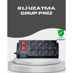 Mey İthalat® Akım Korumalı 8’li Priz 3 USB’li Uzatma Kablosu Isıya Dayanıklı 2 Metre