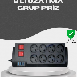 Mey İthalat® Akım Korumalı 8’li Priz 3 USB’li Uzatma Kablosu Isıya Dayanıklı 2 Metre