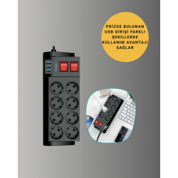 Mey İthalat® Akım Korumalı 8’li Priz 3 USB’li Uzatma Kablosu Isıya Dayanıklı 2 Metre