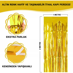Mey İthalat® Altın Gold Renk Ekstra Metalize Parlak Saçaklı Arka Fon Perde İthal A Kalite 1x2 Metre