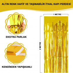 Mey İthalat® Altın Gold Renk Ekstra Metalize Parlak Saçaklı Arka Fon Perde İthal A Kalite 1x2 Metre