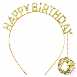 Mey İthalat® Altın Gold Renk Kristal Taşlı Parlak Happy Birthday Taç 16x17 cm