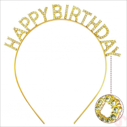 Mey İthalat® Altın Gold Renk Kristal Taşlı Parlak Happy Birthday Taç 16x17 cm