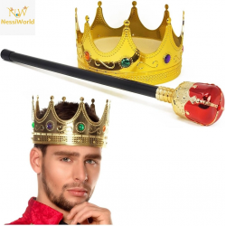 Mey İthalat® Altın Renk 60 cm Kral Tacı Kraliyet Tacı ve Kırmızı Topuzlu Kral Asası Seti